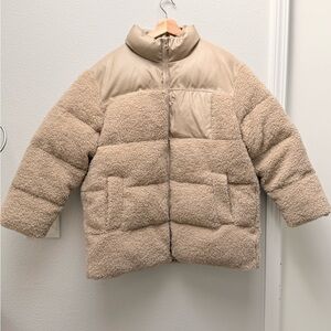 ASOS DESIGN Faux Leather Patched Fleece Puffer Jacket – Stone, Size 10